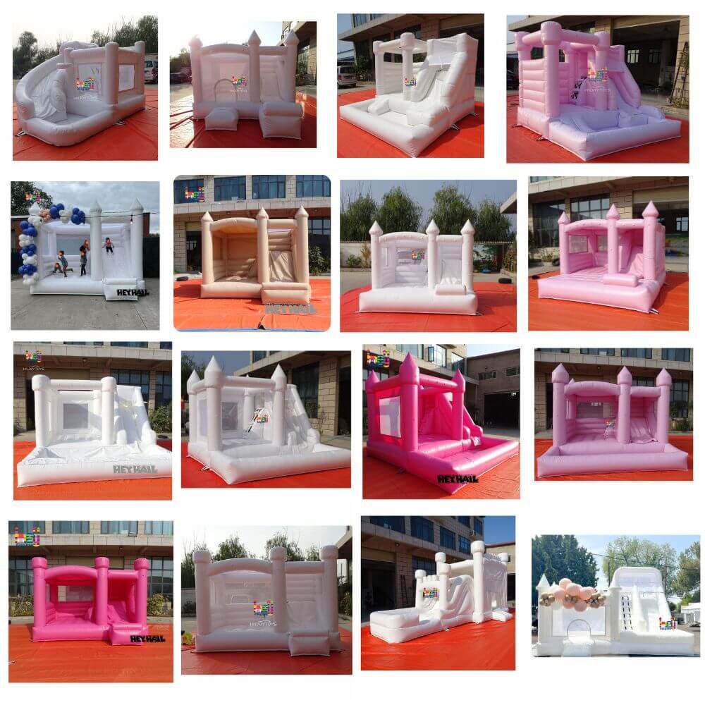 white and pastel castle jumper inflatable bounce house