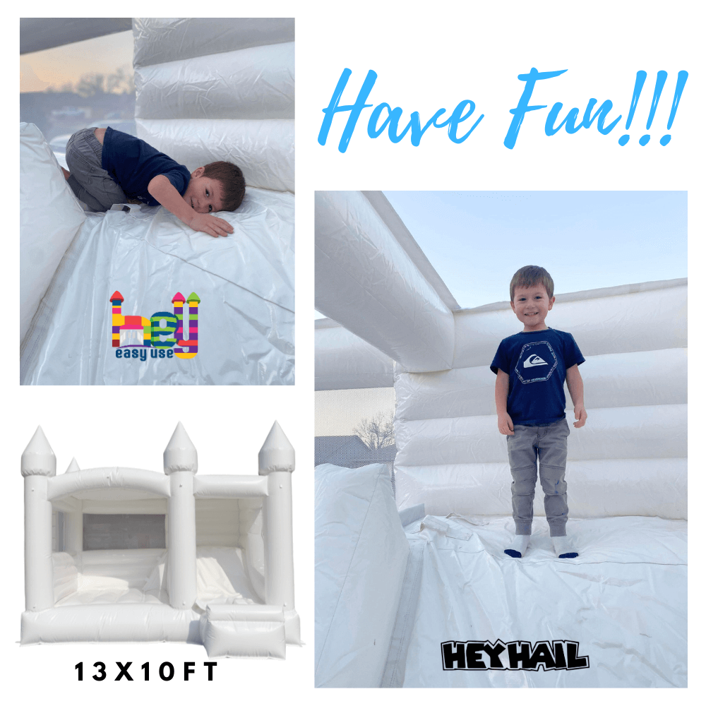 commercial white bounce house with balloons