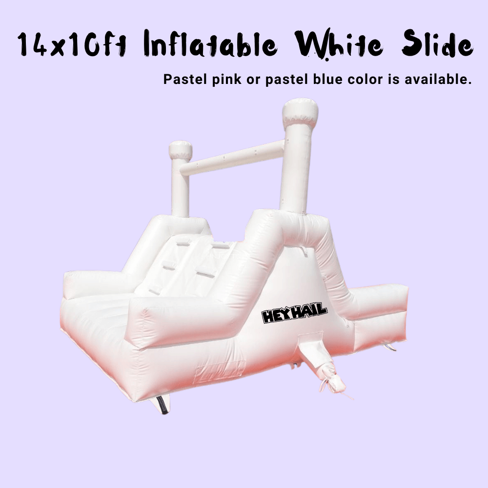 white inflatable wedding bounce house with slide